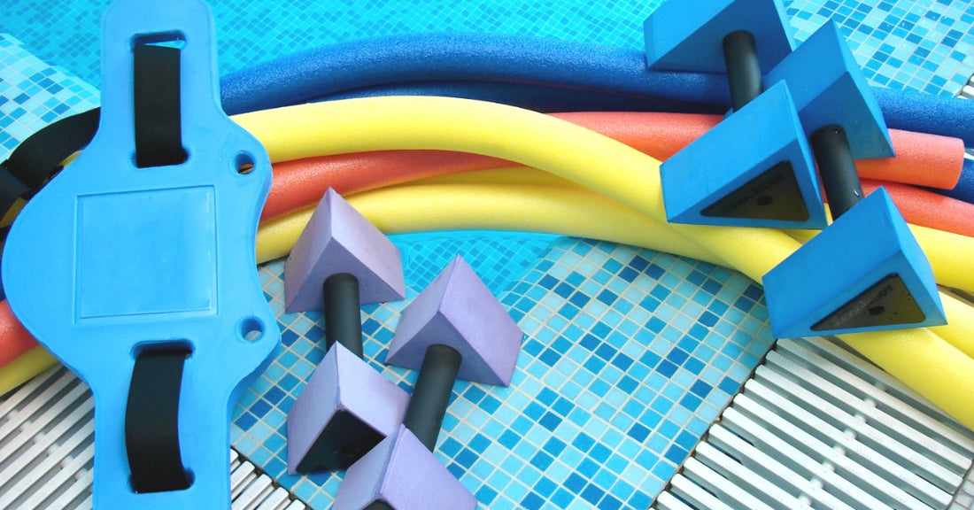 Assortment of water therapy and aquatic exercise equipment, including foam dumbbells, flotation belts, and pool noodles.