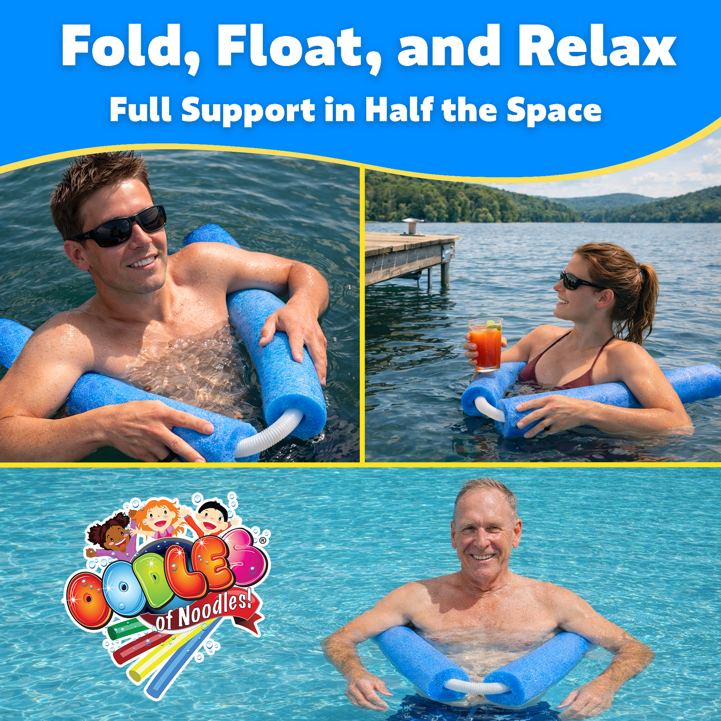 Oodles of Noodles® AquaFold Duo™ Foldable Pool Noodle – Jumbo 27” x 3.5” Foam Float with Flexible Tubing, Compact Folding Design for Easy Storage, Water Aerobics, Travel & Boating
